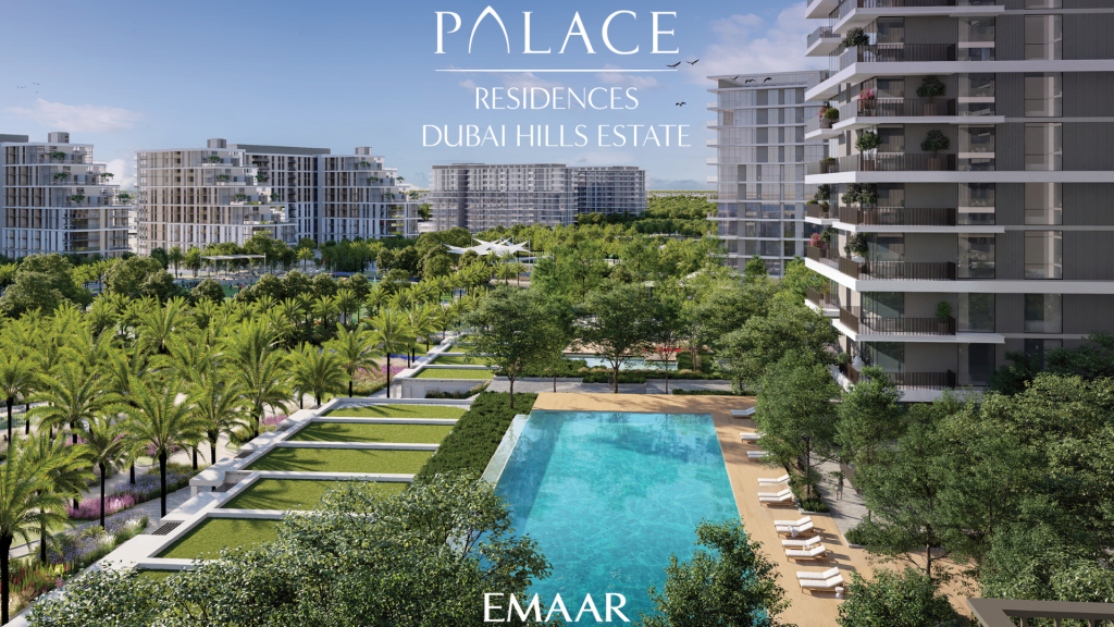 Un rendu artistique des résidences Palace du Dubai Hills Estate, comprenant des immeubles de grande hauteur modernes entourant des jardins luxuriants et une grande piscine, sous un ciel dégagé, représentant le premier immobilier de Dubaï.