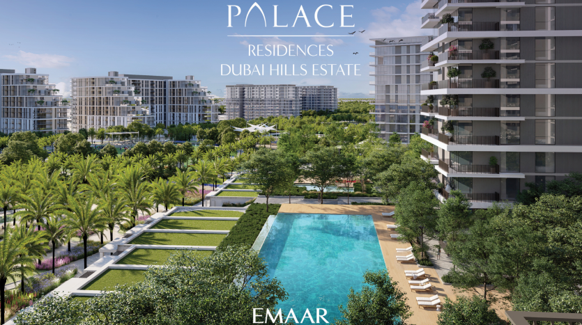 Un rendu artistique des résidences Palace du Dubai Hills Estate, comprenant des immeubles de grande hauteur modernes entourant des jardins luxuriants et une grande piscine, sous un ciel dégagé, représentant le premier immobilier de Dubaï.