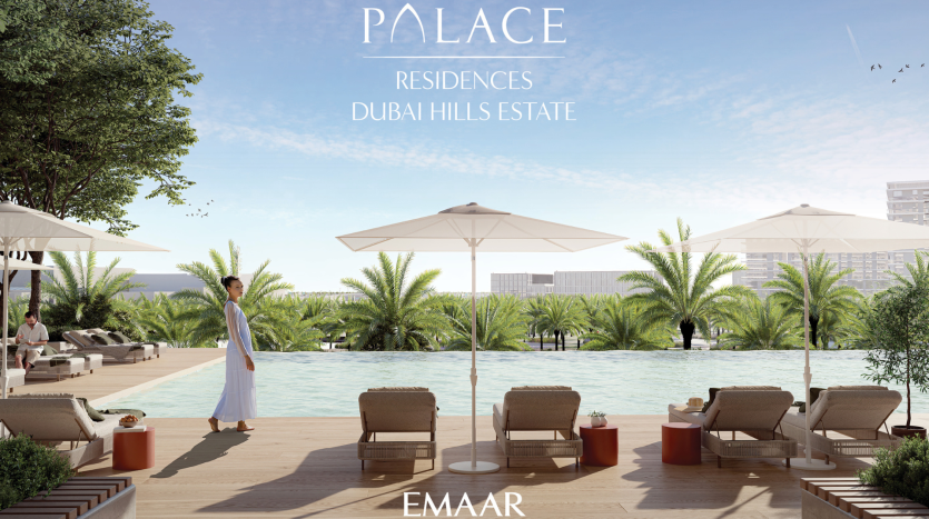 Une publicité pour Palace Residences à Dubai Hills Estate, présentant une piscine luxueuse avec des chaises longues, des parasols et une personne vêtue d'une tenue blanche fluide profitant du cadre serein de sa villa à Dubaï.