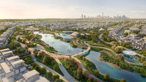 Vue aérienne de Dubaï Sud, une ville moderne avec un grand parc luxuriant au centre, doté de sentiers sinueux, d&#039;espaces verts, d&#039;étangs et de ponts. Autour du parc se trouvent de nombreux bâtiments résidentiels d&#039;Emaar. L&#039;horizon de la ville, parsemé de grands gratte-ciel, constitue la toile de fond de cette nouvelle communauté.