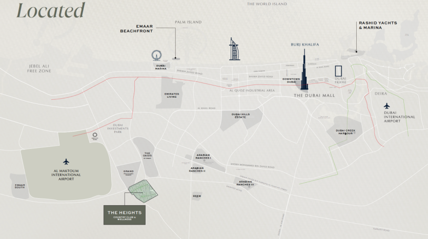 Une carte mettant en évidence les lieux clés de Dubaï, notamment le Dubai Mall, Burj Khalifa, Deira, Burj Al Arab et l&#039;aéroport international de Dubaï. Emaar Beachfront et Rashid Yachts &amp; Marina sont également signalés, The Heights Residences étant indiqué dans une case verte à proximité de l&#039;aéroport international d&#039;Al Maktoum et de Dubaï Sud.
