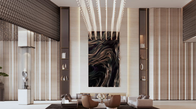 Un salon moderne et spacieux de Binghatti présente une grande peinture abstraite avec des motifs tourbillonnants sombres comme point central. Des meubles contemporains, notamment des chaises marron et blanches, entourent une table basse en verre sur un tapis sombre. Des étagères minimalistes et des suspensions complètent le décor élégant de The One.