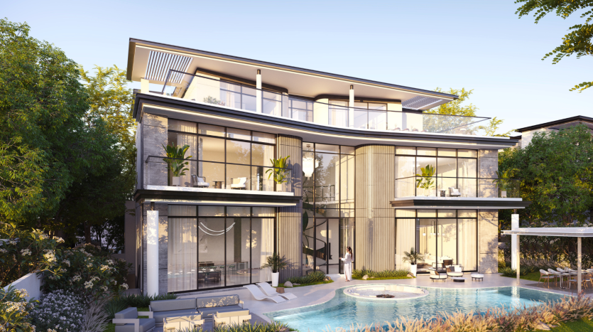 Une villa moderne de deux étages avec de grandes fenêtres en verre et des balcons, bordée d&#039;une verdure luxuriante, avec une piscine et un espace salon extérieur dans un cadre serein.