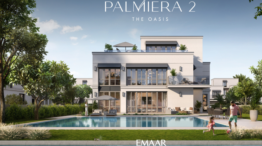 Luxueuse villa moderne à Dubaï avec de grandes fenêtres et balcons, adjacente à une vaste piscine. Deux personnes, un adulte et un enfant, sont aperçues en train de jouer près de la piscine. La scène comprend une verdure luxuriante et le texte « PALMIERA 2 - THE OASIS, EMAAR ».