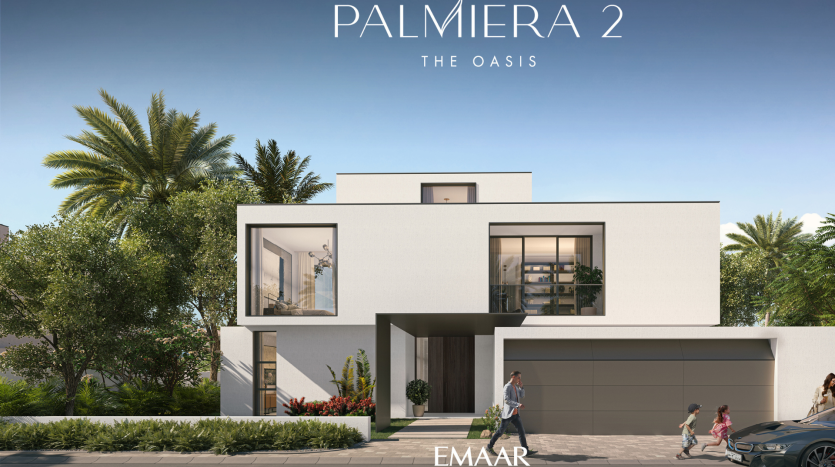 Une villa moderne de deux étages intitulée &quot;PALMIERA 2 - THE OASIS&quot; par Emaar. L&#039;extérieur présente des lignes épurées, de grandes fenêtres et est entouré d&#039;une verdure luxuriante, avec des passants à proximité.