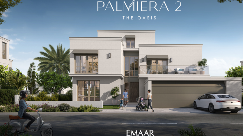 Villa moderne de deux étages à Dubaï avec le panneau « PALMIERA 2 THE OASIS » ci-dessus. Comprend une cour avant paysagée, des passants et des véhicules. Marqué « EMAAR » en bas.