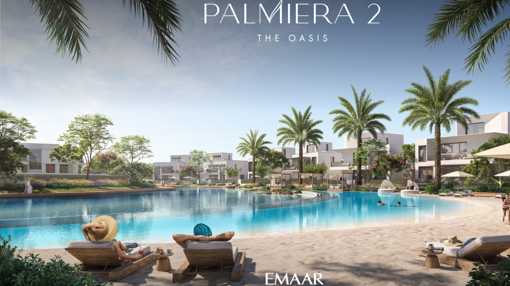 Une scène de piscine extérieure luxueuse à Palmiera 2, The Oasis, avec des gens se relaxant sur des chaises longues sous des palmiers, des villas modernes en arrière-plan, mettant en valeur le premier immobilier de Dubaï.
