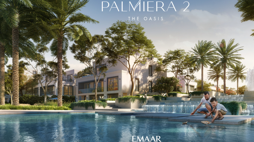 Une scène résidentielle idyllique avec une famille au bord d&#039;une piscine, entourée de palmiers luxuriants et de villas modernes à Dubaï baignées de soleil, avec le texte « Palmiera 2 The Oasis » bien en évidence.