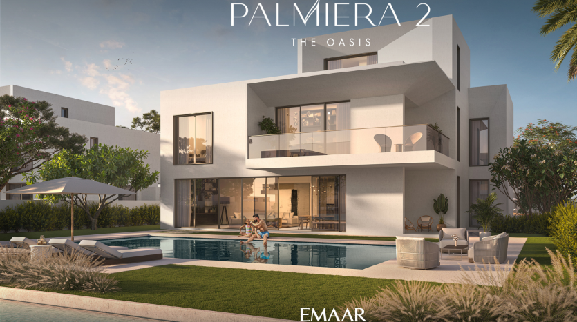 Une villa moderne de deux étages à Dubaï, &quot;Palmiera 2 The Oasis&quot;, présente une architecture blanche et épurée, de grandes fenêtres en verre, une élégante piscine extérieure avec une famille qui joue et des jardins paysagers, sous un ciel clair.