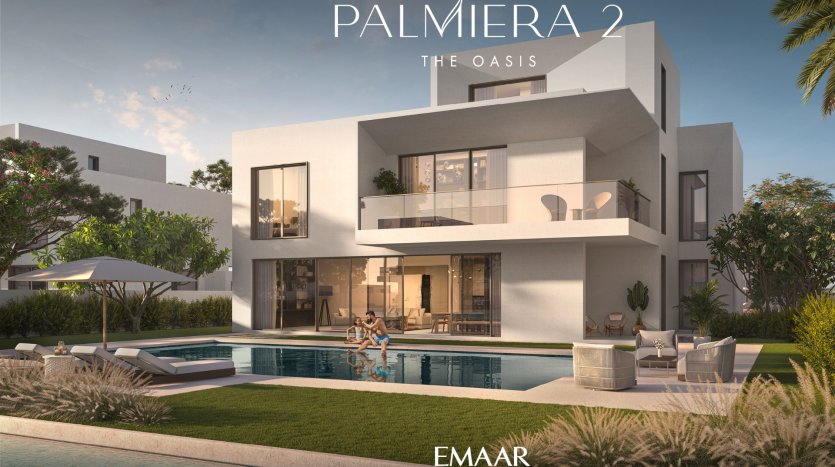 Une villa moderne de deux étages à Dubaï, "Palmiera 2 The Oasis", présente une architecture blanche et épurée, de grandes fenêtres en verre, une élégante piscine extérieure avec une famille qui joue et des jardins paysagers, sous un ciel clair.