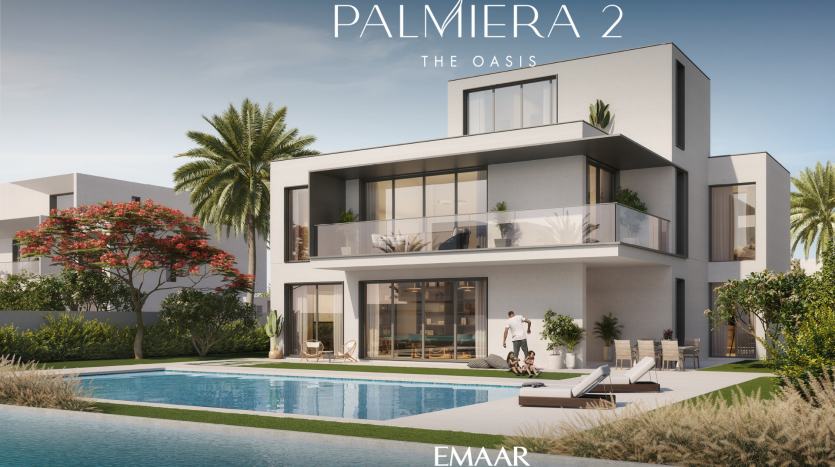 Une villa moderne et luxueuse sur deux étages à Dubaï avec balcons, entourée de palmiers et d&#039;une piscine au premier plan, sous un ciel dégagé. Deux personnes se détendent à proximité. Les superpositions de texte annoncent &quot;Palmiera 2 - The Oasis&quot;.