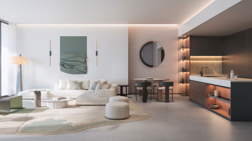 Un espace de vie moderne et minimaliste du W Residences Dubai Harbour présente un plan d'étage ouvert. Il comprend un canapé sectionnel blanc, des œuvres d'art murales abstraites et une table à manger ronde avec des chaises. La cuisine est dotée d'armoires élégantes, d'étagères ouvertes décorées et d'un comptoir en marbre. Un éclairage doux rehausse l’ambiance.