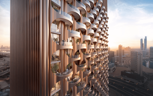 Une vue rapprochée de One Residences, un immeuble moderne de grande hauteur avec une façade incurvée unique faite d'éléments métalliques. Le design crée un motif d'espaces de balcons semi-circulaires, tandis que le paysage urbain avec des gratte-ciel et une rivière est visible en arrière-plan au coucher du soleil.