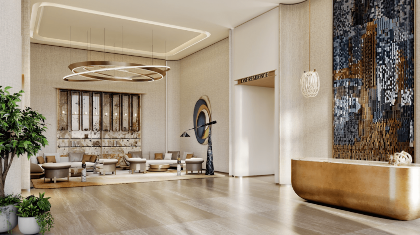 Le hall de One Residences présente un grand lustre élégant, un coin salon luxueux, des œuvres d'art murales abstraites et un élégant bureau de réception doré. La lumière naturelle afflue, mettant en valeur la palette de couleurs neutres et le décor contemporain. Les plantes en pot ajoutent une touche de verdure.