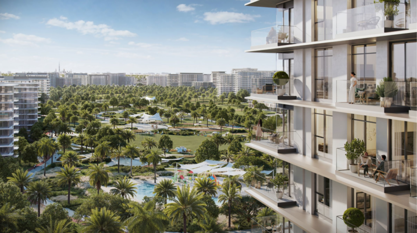 A modern high-rise apartment building with glass balconies, part of the luxury apartments of Address Residences, overlooks a lush green park with palm trees, alleys and recreational areas. People relax on the balconies, enjoying the sunny weather and panoramic views. Neatly arranged buildings occupy the background.