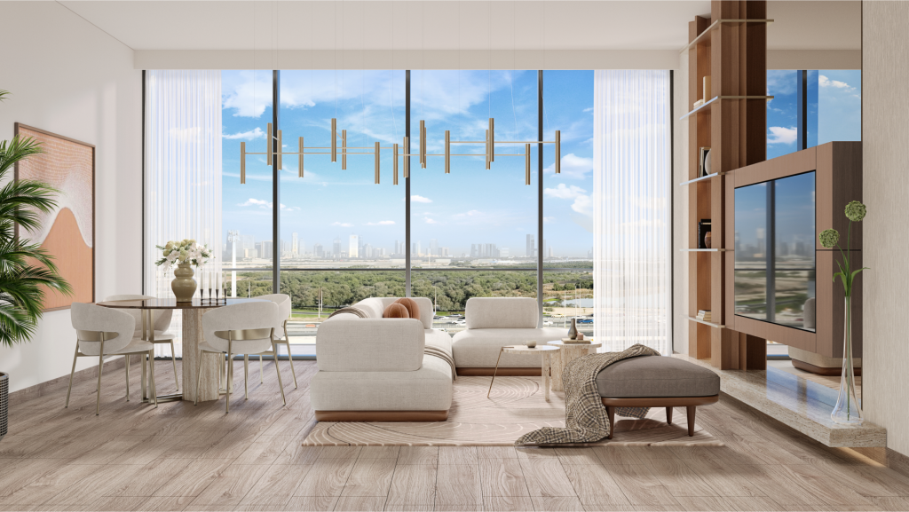 A modern living room in Belgrove residences with bay windows offering views of the city's rooftops. The room features a white sofa, a round table with four chairs, built-in shelving and contemporary lighting. A potted plant, a beige rug and soft natural colors enhance the elegant design.