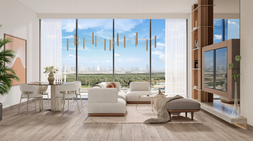 A modern living room in Belgrove residences with bay windows offering views of the city's rooftops. The room features a white sofa, a round table with four chairs, built-in shelving and contemporary lighting. A potted plant, a beige rug and soft natural colors enhance the elegant design.