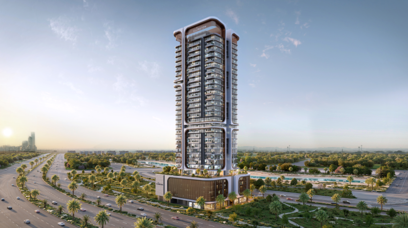 Belgrove Residences, a modern high-rise building, stands proudly against a clear sky, surrounded by greenery and multi-lane roads. The structure features a series of balconies and elegant architectural details. Various vehicles are visible on the roadway below.