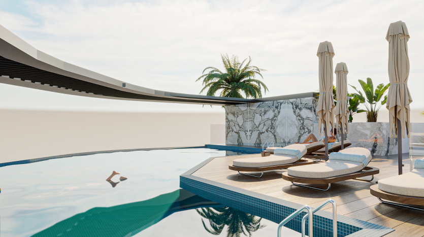 Une piscine moderne sur le toit avec des chaises longues, des parasols et des plantes en pot. Deux personnes prennent le soleil sur les chaises longues et une personne nage dans la piscine. La zone présente un design élégant et incurvé et surplombe un ciel lumineux et nuageux.