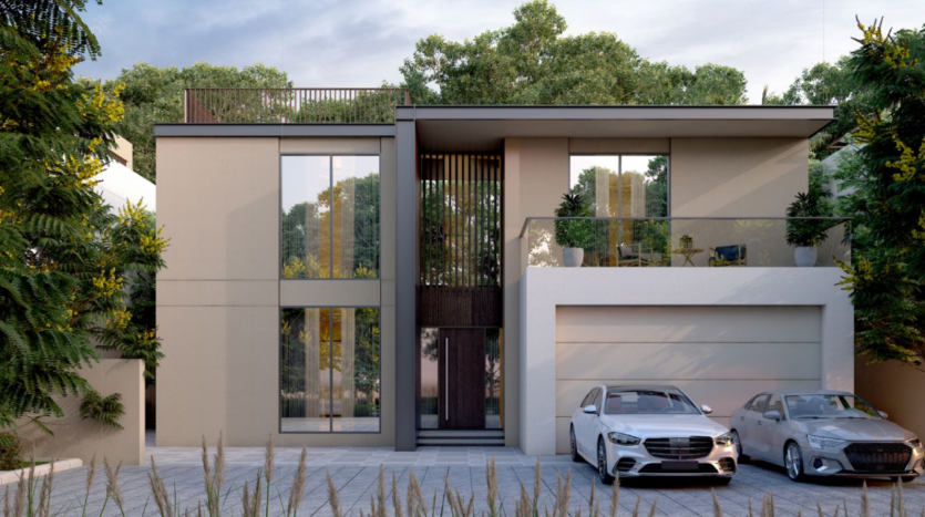 Maison moderne à deux étages avec un toit plat, de grandes fenêtres et un design minimaliste dans la communauté Sobha Elwood. La façade présente un mélange de murs de couleur claire et d'accents en bois. Deux voitures, une noire et une grise, sont garées devant le garage. Il y a des arbres en arrière-plan.