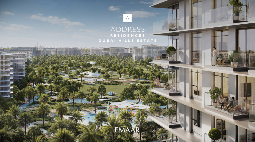 Rendering of a modern residential complex at Address Residences Dubai Hills Estate by EMAAR. The image features luxurious balconies overlooking a lush park with palm trees, a swimming pool and adjacent modern buildings under a clear blue sky at Address Residences Dubai Hills.