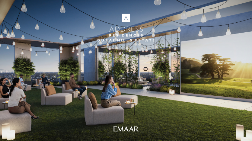 At Address Residences Dubai Hills, a sunset rooftop garden features seating and strings of lights, where guests can enjoy drinks. A large screen displays serene hills and trees, reinforcing the modern elegance of this luxurious setting that promotes ultimate relaxation.