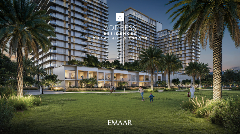 Address Residences Dubai Hills Estate by Emaar is a modern residential complex of large, light-filled buildings surrounded by palm trees and green lawns. It offers a serene environment. Families and individuals can be seen enjoying the open space in the foreground.
