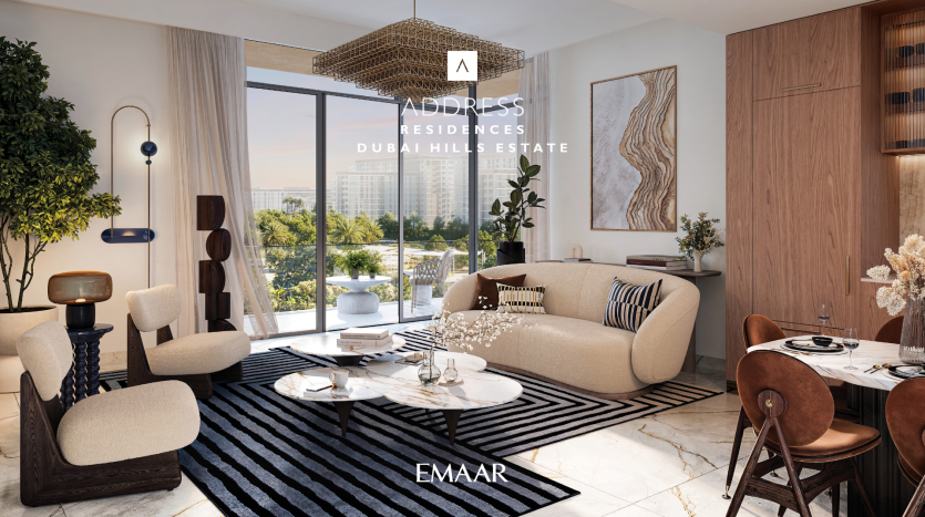 The modern living and dining room at Address Residences Dubai Hills features chic furnishings, including a beige sofa, two white armchairs and a round dining table with chairs. Large windows offer views of a lush garden. Décor includes abstract artwork, black-and-white striped carpet and elegant light fixtures.
