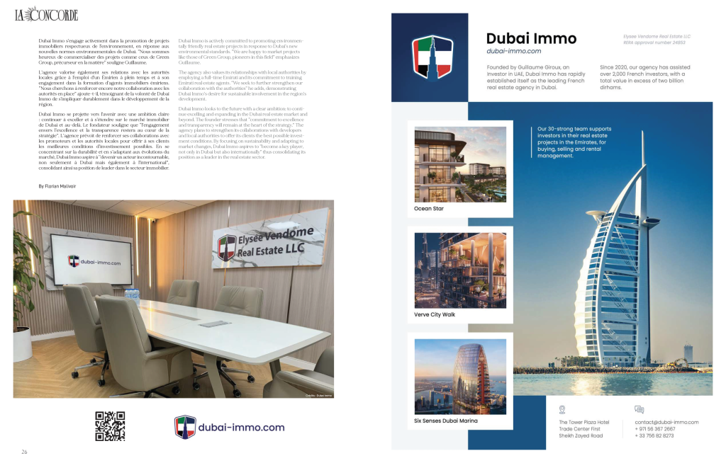 La mise en page d'un magazine présente une société immobilière, Dubai Immo. La page de gauche présente un article et une photo d'une salle de conférence élégante. La page de droite affiche le logo de Dubai Immo, des images d'immeubles de bureaux, dont Ocean Star et La Concorde, ainsi que l'emblématique Burj Al Arab, les coordonnées de l'entreprise et un code QR.