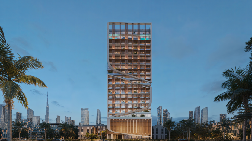 Havelock Heights, un immeuble moderne et haut avec un élément de design ondulé unique sur sa façade, se dresse en évidence dans un environnement urbain au crépuscule. Des palmiers encadrent la structure au premier plan, et d'autres gratte-ciels peuvent être vus en arrière-plan sous un ciel bleu clair.