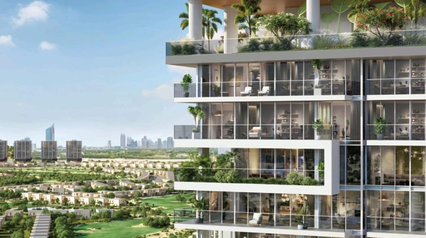 A modern multi-story high-rise building is featured. Each floor of the Legado has large balconies decorated with lush greenery. The cityscape and other skyscrapers are visible in the background, as well as a large park and a residential area.