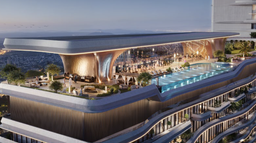 A luxurious rooftop terrace at the modernly designed One Sky Park houses an elegant swimming pool surrounded by sun loungers and lush landscaping. The space overlooks a cityscape at dusk, with indoor and outdoor seating, elegant architectural details and soft lighting creating a serene, upscale ambience.