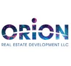 Logo de la société Orion Real Estate Development LLC. Le mot « ORION » se détache en grandes lettres majuscules sur un fond cosmique étoilé. En dessous, en texte plus petit, on peut lire élégamment « REAL ESTATE DEVELOPMENT LLC ».