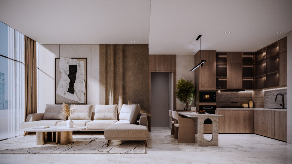 Modern living and dining space in neutral-toned Allura residences. Features a beige corner sofa with cushions, a minimalist coffee table, abstract wall art, a built-in kitchen with wooden cabinets and a dining area with a small round table and chairs. A large window lets in natural light.