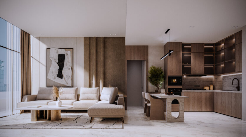 Modern living and dining space in neutral-toned Allura residences. Features a beige corner sofa with cushions, a minimalist coffee table, abstract wall art, a built-in kitchen with wooden cabinets and a dining area with a small round table and chairs. A large window lets in natural light.