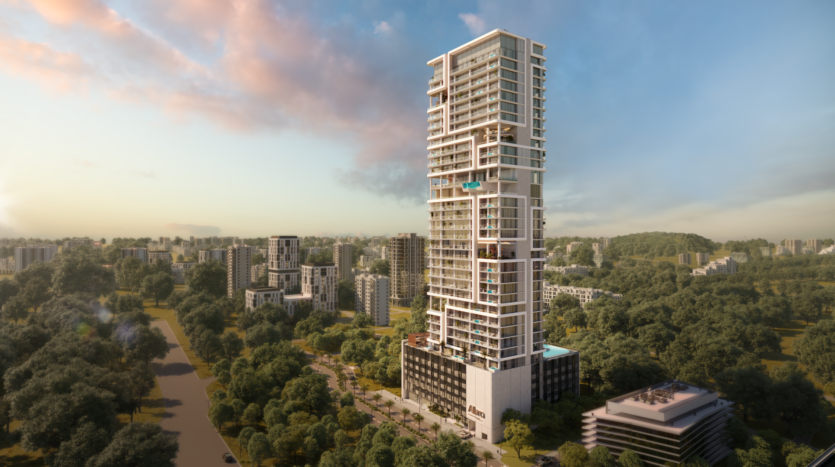 A modern, high-rise skyscraper stands amidst a verdant cityscape at sunset. It features an elegant design with balconies and large windows. Surrounding Allura's main building are smaller structures, trees and an urban skyline in the background.