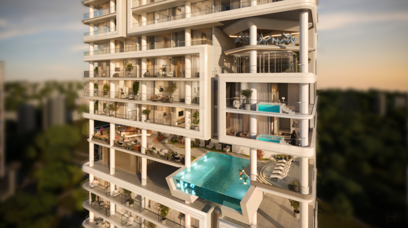 A modern skyscraper designed by Allura Citi Developers features spacious, open balconies with luxurious furnishings. A superb outdoor pool extends from one of the balconies, offering panoramic views of the cityscape at sunset.