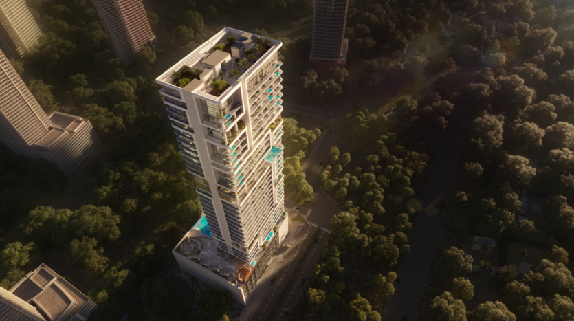 Aerial view of a modern, high-rise skyscraper designed by Allura Citi Developers, surrounded by lush vegetation and other high-rise buildings. The building features several balconies and roof gardens, with a striking architectural design illuminated by warm sunlight.
