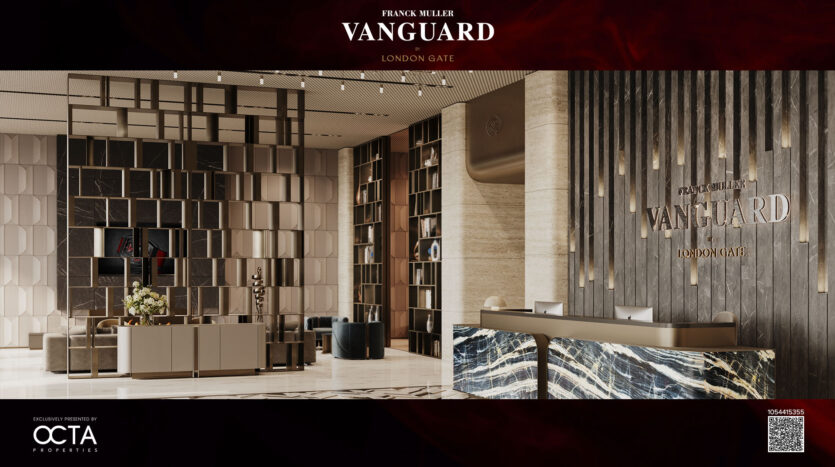 L'intérieur du hall d'entrée du Franck Muller Vanguard London Gate est moderne et sophistiqué. Le design comprend un comptoir de réception élégant en marbre foncé, des sièges contemporains et une cloison de séparation élégante. Un grand panneau avec logo est affiché sur le mur derrière le comptoir.