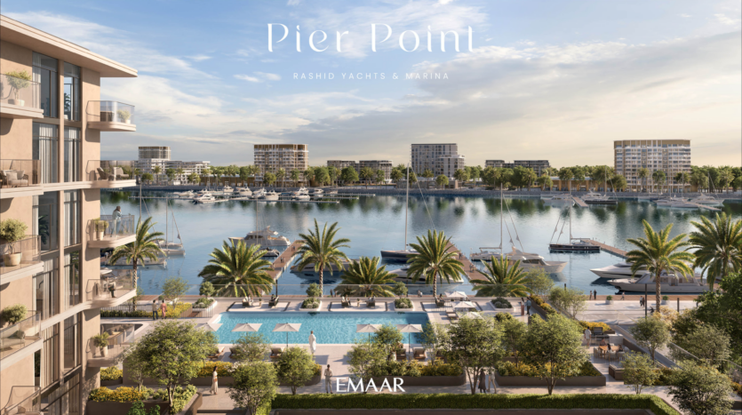 Une vue luxueuse sur la marina met en valeur les yachts amarrés le long d'un front de mer bordé de palmiers. Des bâtiments modernes entourent une piscine centrale avec des espaces de détente, représentant une destination résidentielle ou de loisirs haut de gamme. Le texte « Pierpoint » apparaît élégamment en haut, renforçant l'atmosphère exclusive.