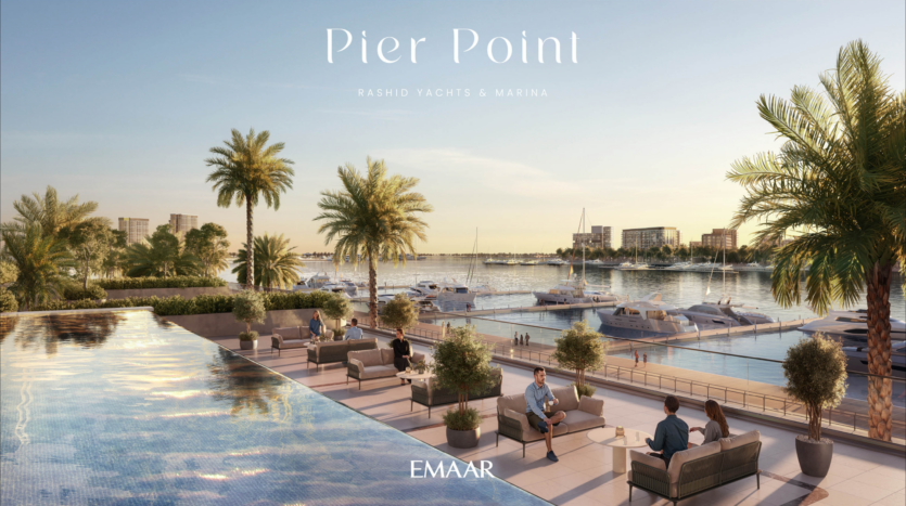 Le luxueux port de plaisance Pierpoint offre une vue sur la piscine et un coin salon avec des palmiers et des meubles modernes. Les gens se détendent et profitent du paysage du front de mer, avec des yachts ancrés dans le port sous un ciel bleu clair.