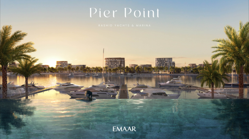 Une vue tranquille sur une marina au coucher du soleil avec des yachts amarrés à un quai. Des palmiers tropicaux bordent le bord de l'eau, avec des bâtiments modernes et un ciel clair en arrière-plan. Le texte indique « Pierpoint », « Rashid Yachts & Marina » et « Emaar ».