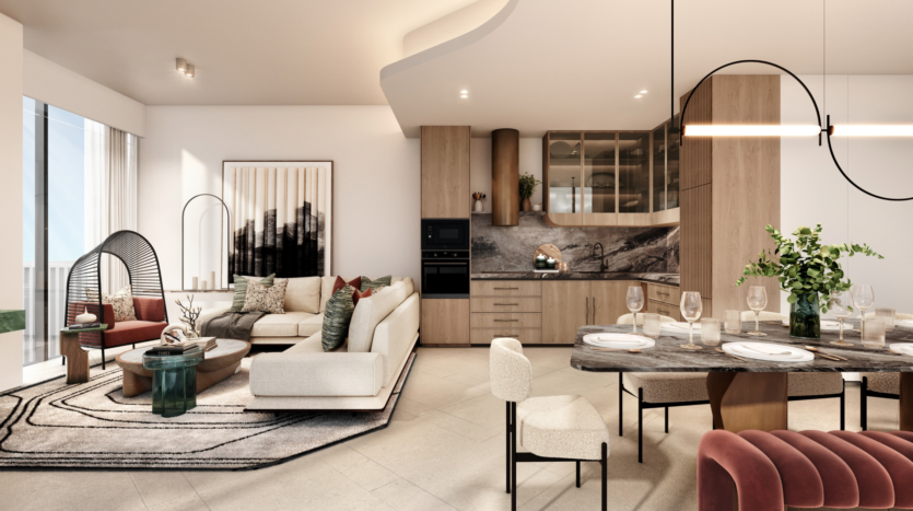 Découvrez le luxe moderne dans ce salon et salle à manger à aire ouverte des Residences JLT, doté d'un coin salon confortable, d'œuvres d'art élégantes et d'un mobilier élégant. La cuisine est dotée d'armoires en bois et d'un dosseret en marbre. Profitez d'espaces lumineux avec de grandes fenêtres et des luminaires contemporains.