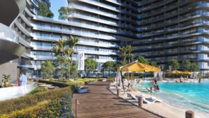 Un moderno resort di lusso con un&#039;architettura sinuosa e una passerella in legno che conduce alla piscina con lettini e ombrelloni. Grandi palme e una vegetazione lussureggiante circondano l&#039;area, riprendendo l&#039;eleganza del Binghatti Skyrise e creando un&#039;atmosfera rilassante.