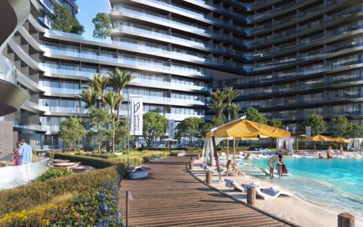 Complexe hôtelier de luxe moderne à l'architecture sinueuse, avec une promenade en bois menant à une piscine avec chaises longues et parasols. De grands palmiers et une végétation luxuriante entourent la zone, rappelant l'élégance de Binghatti Skyrise, créant une atmosphère relaxante.