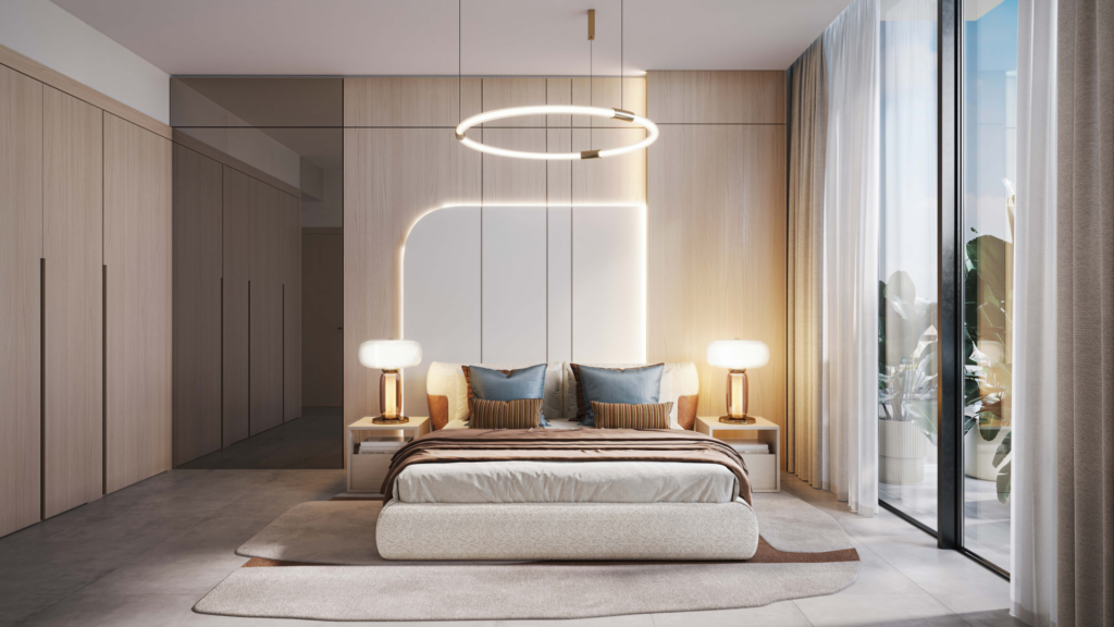 A modern room in beige and white, reminiscent of the Legado Prescott style. It includes a bed with pillows and blanket, two bedside tables with lamps, a large circular ceiling light and picture windows with curtains, allowing natural light to fill the space.