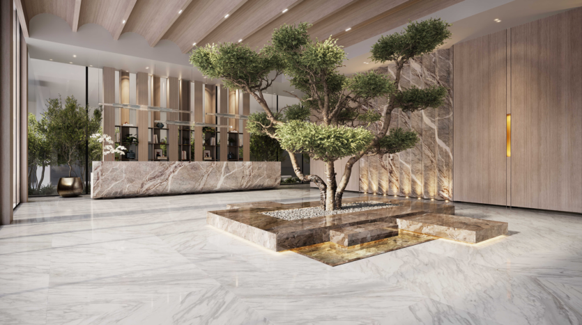 A modern interior space with a central bonsai planted in a marble square. The room features a marble floor, wood-panelled walls and a minimalist design. Natural light filters in through large windows, highlighting the greenery and stone textures.