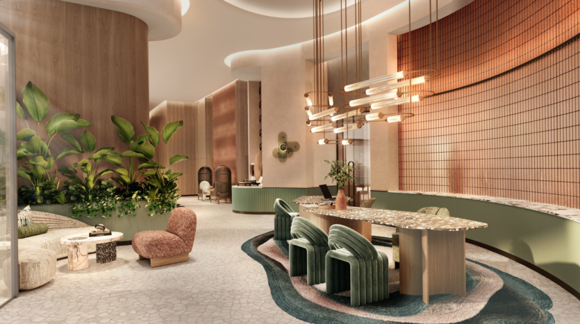 L'intérieur moderne et élégant du W Residences Dubai comprend un comptoir de réception incurvé, des luminaires contemporains et des sièges moelleux. Des plantes vertes et des touches de bois ajoutent de la chaleur à l'espace, rehaussé par un mur texturé et une palette de couleurs douces de tons terre.