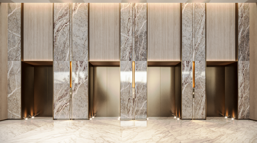 A modern lobby features three elevator doors set into elegant marble walls. Each door is framed by vertical motifs and lit by subtle zenithal lighting, projecting reflections on the polished marble floor.