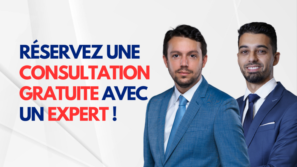 Deux hommes en costume se tiennent côte à côte sur un fond blanc avec un motif diagonal. Le texte en gras se lit comme suit : « RÉSERVEZ UNE CONSULTATION GRATUITE AVEC UN EXPERT EN INVESTISSEMENT IMMOBILIER À DUBAI ! en français.